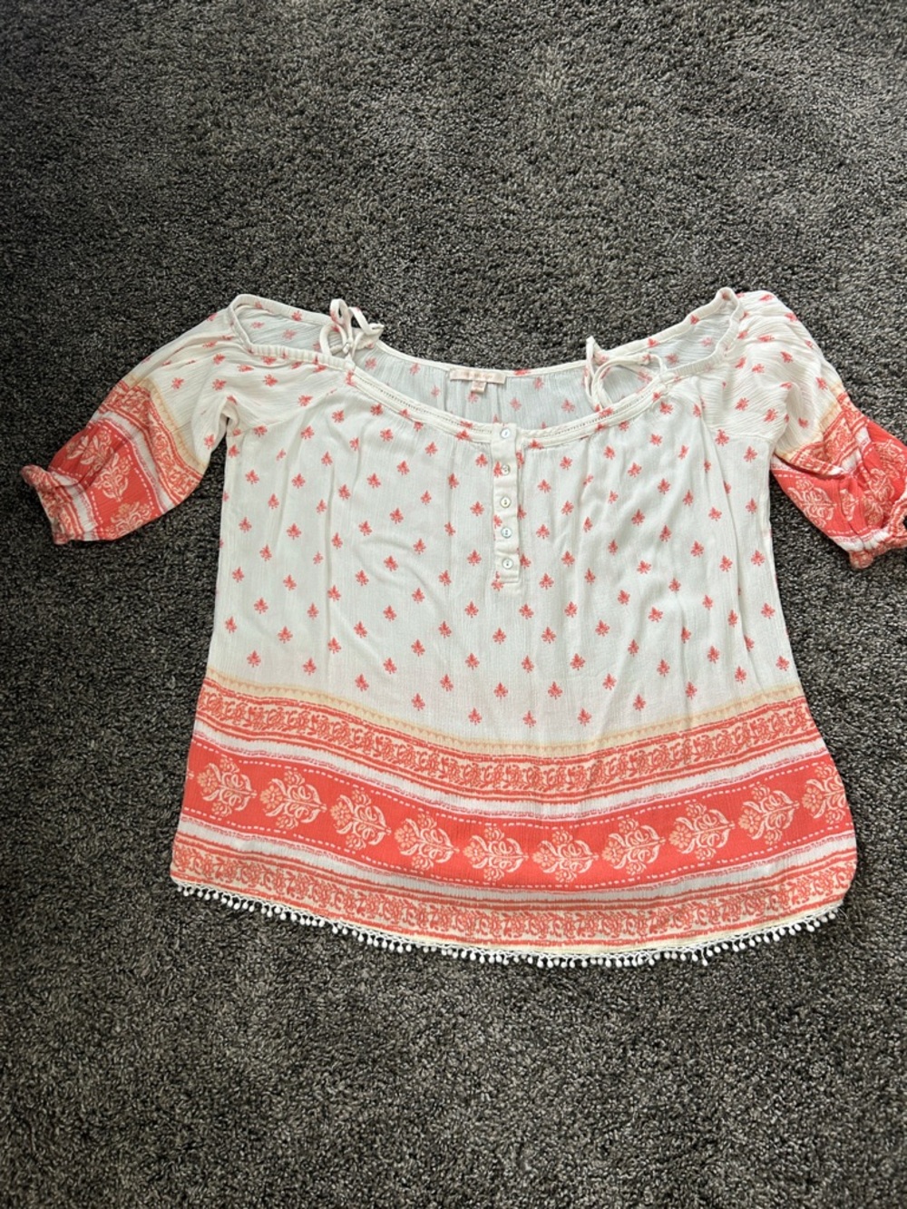 Skies Are Blue Coral and Cream Boho Off-Shoulder Tunic Top